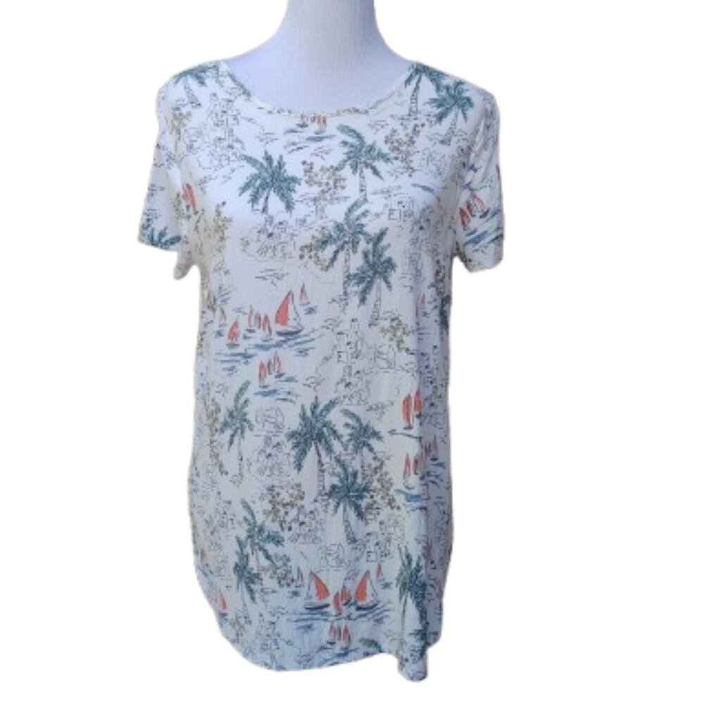 LC Lauren Conrad White Print Blouse Tie Back Palm Trees Sail Boats Vacation